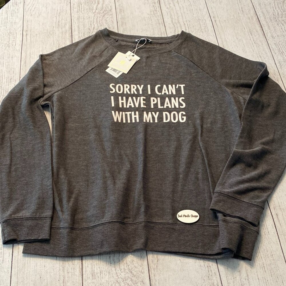 *Prep Obsessed Mary Square I HAVE PLANS WITH MY DOG Pink Crewneck Plus Pullover